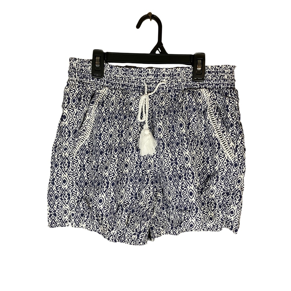 Briggs Womens Blue White Geometric Print Smocked Waist Shorts Medium